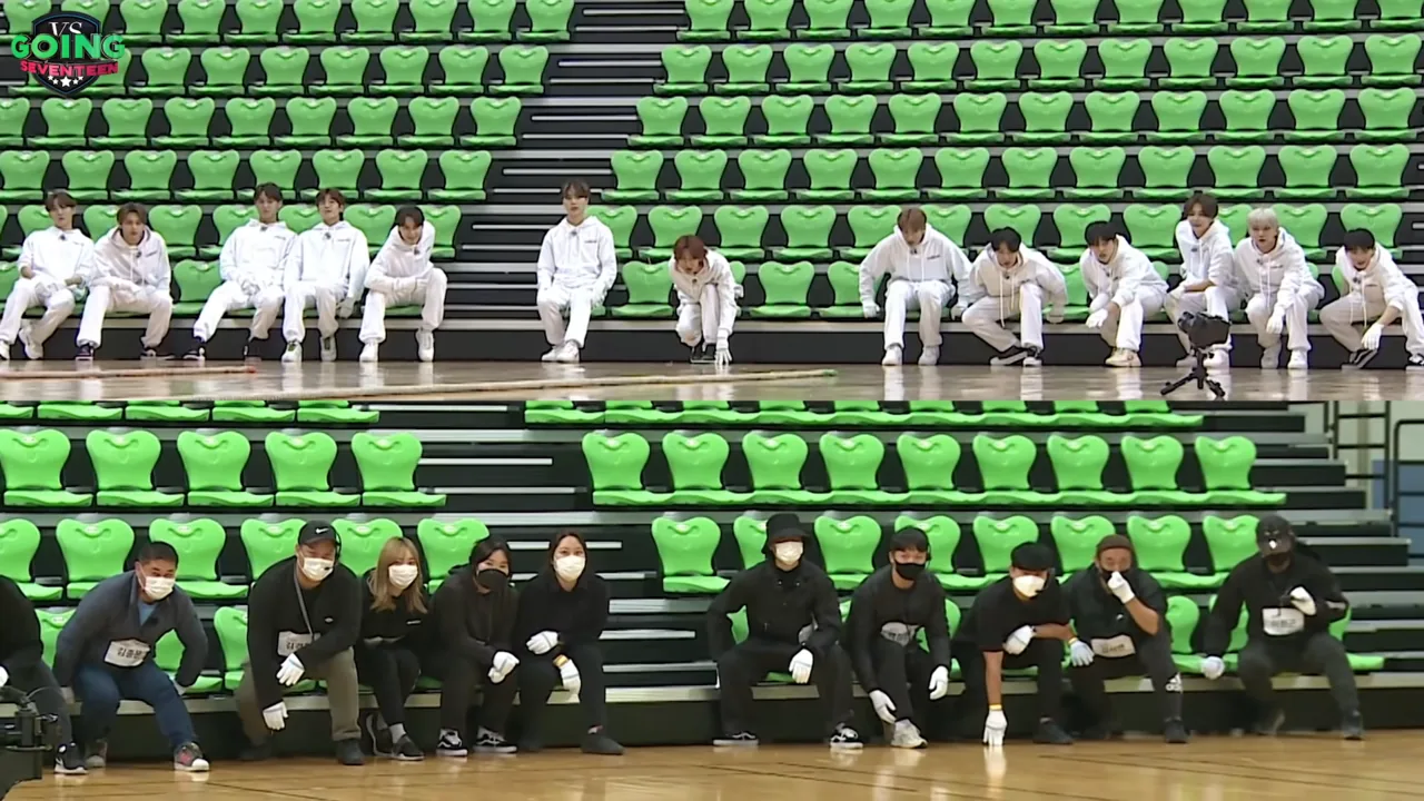 Boy band Seventeen and members of the Going Seventeen production team, in Going Seventeen 2020 Ep. 43