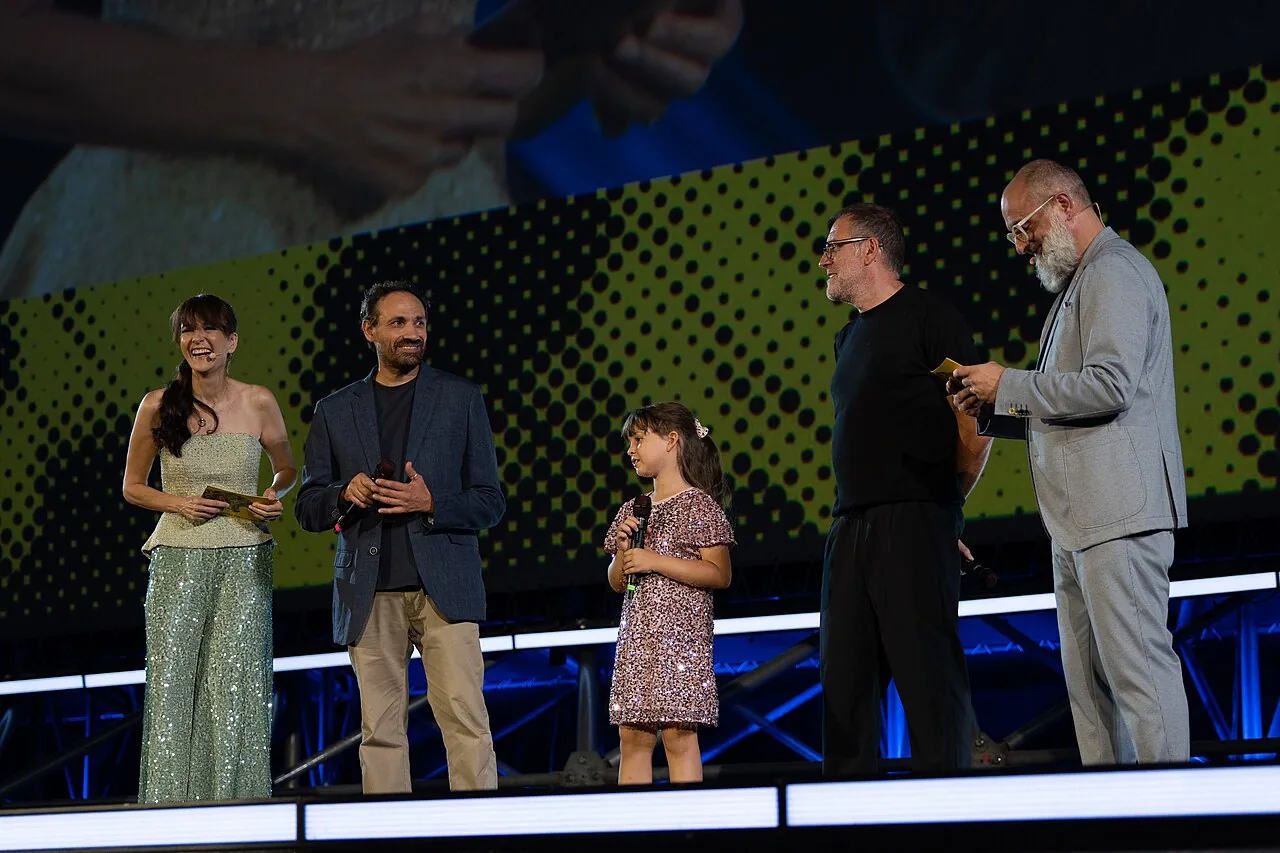 Director Dario Albertini and cast on stage to present Armony at the 79th Locarno Film Festival 2026